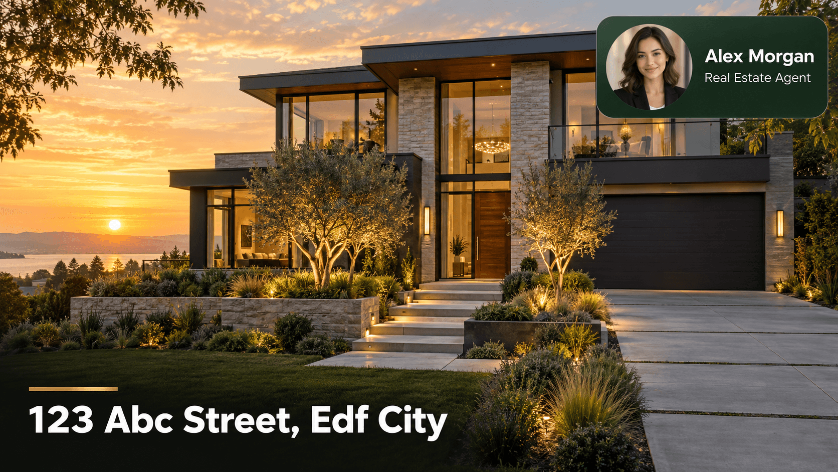Luxury house listing video cover for 123 Abc Street, Edf City with a fictional agent portrait